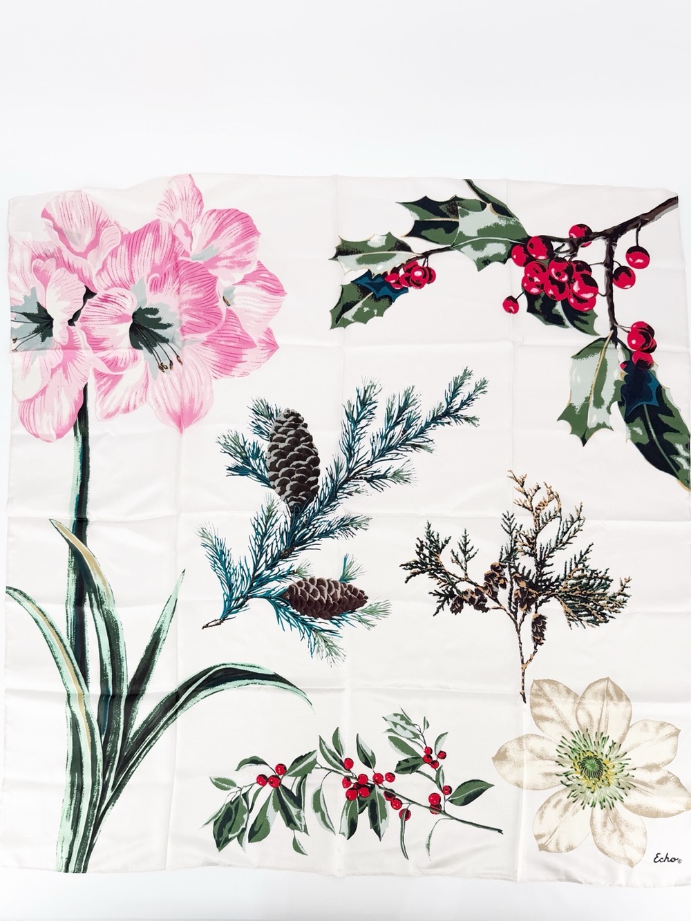 NWT Echo Silk Square Scarf Winter Holiday Amaryllis Holly Magnolia Pinecone